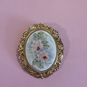 Floral Porcelain Brooch with Gold Frame